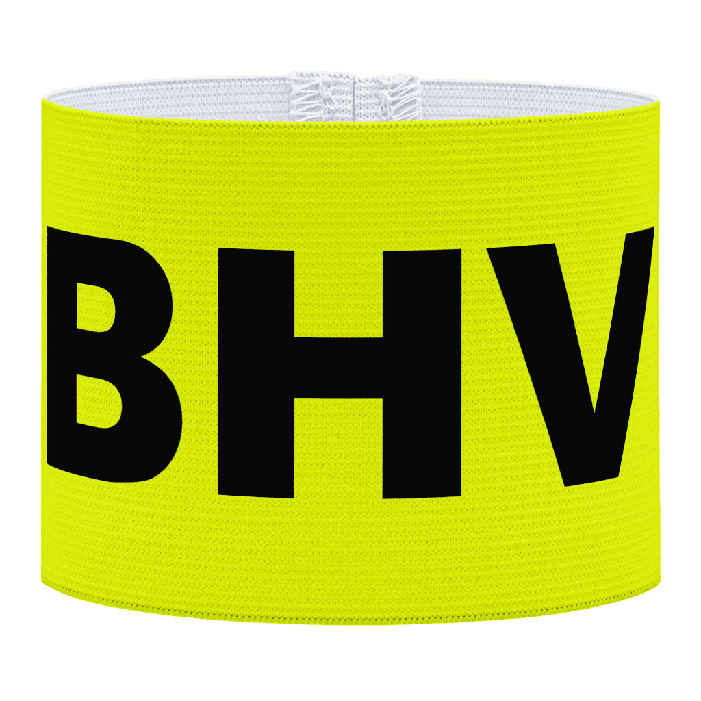 BHV aanvoerdersband, zwarte letters bhv met gele achterkant, gele achtergrond, voetbal, Aanvoerdersband, captain armband specialist, de aanvoerdersband specialist, hockey, volleybal, met klittenband aansluiting, met standaard stiknaad, gepersonaliseerde aanvoerdersband, aanvoerdersband kopen, aanvoerdersband ontwerpen, aanvoerdersband bedrukken